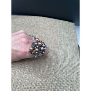 Vintage Beaded Wire Wrapped Pearl Mixed Beaded Cluster Ring Adjustable Sz 7.5